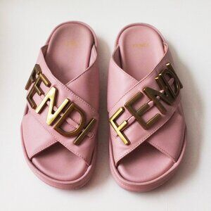 Fendi Pink Leather Fendigraphy Slide Sandals US 8-8.5 made in Italy